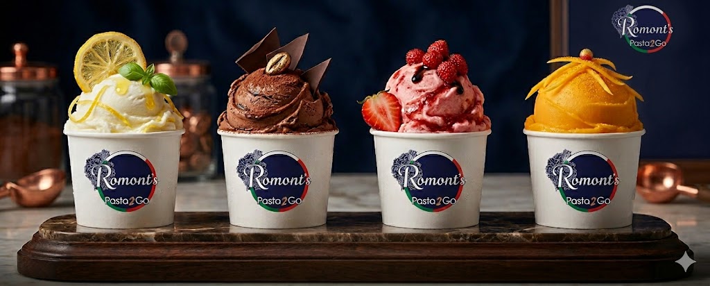 Four Romont’s Pasta 2 Go gelato cups — lemon, chocolate, strawberry, and mango — lined up on a counter