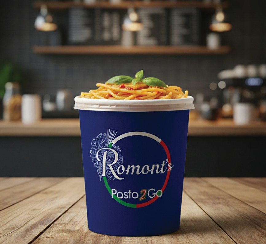 Romont’s Pasta 2 Go cup of fresh spaghetti topped with basil