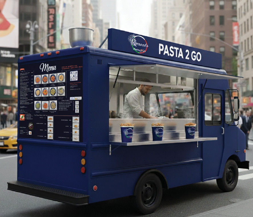 Romont’s Pasta 2 Go food truck serving pasta on a busy city street