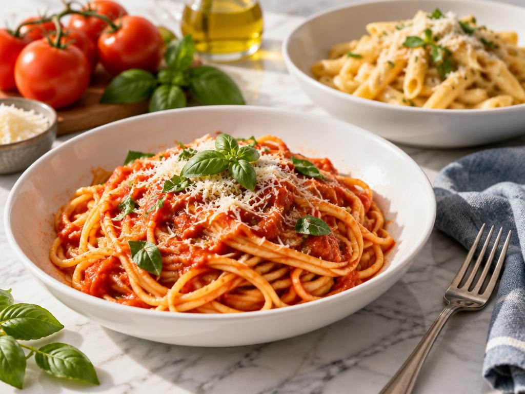 Fresh tomato spaghetti and creamy penne with premium ingredients
